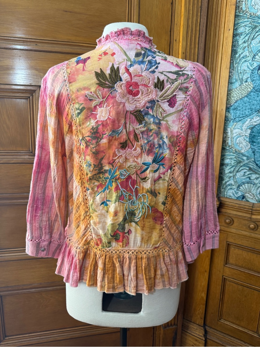 Aratta Floral Embroidered Pink Multicolor Women’s Cardigan Blouse, NWT